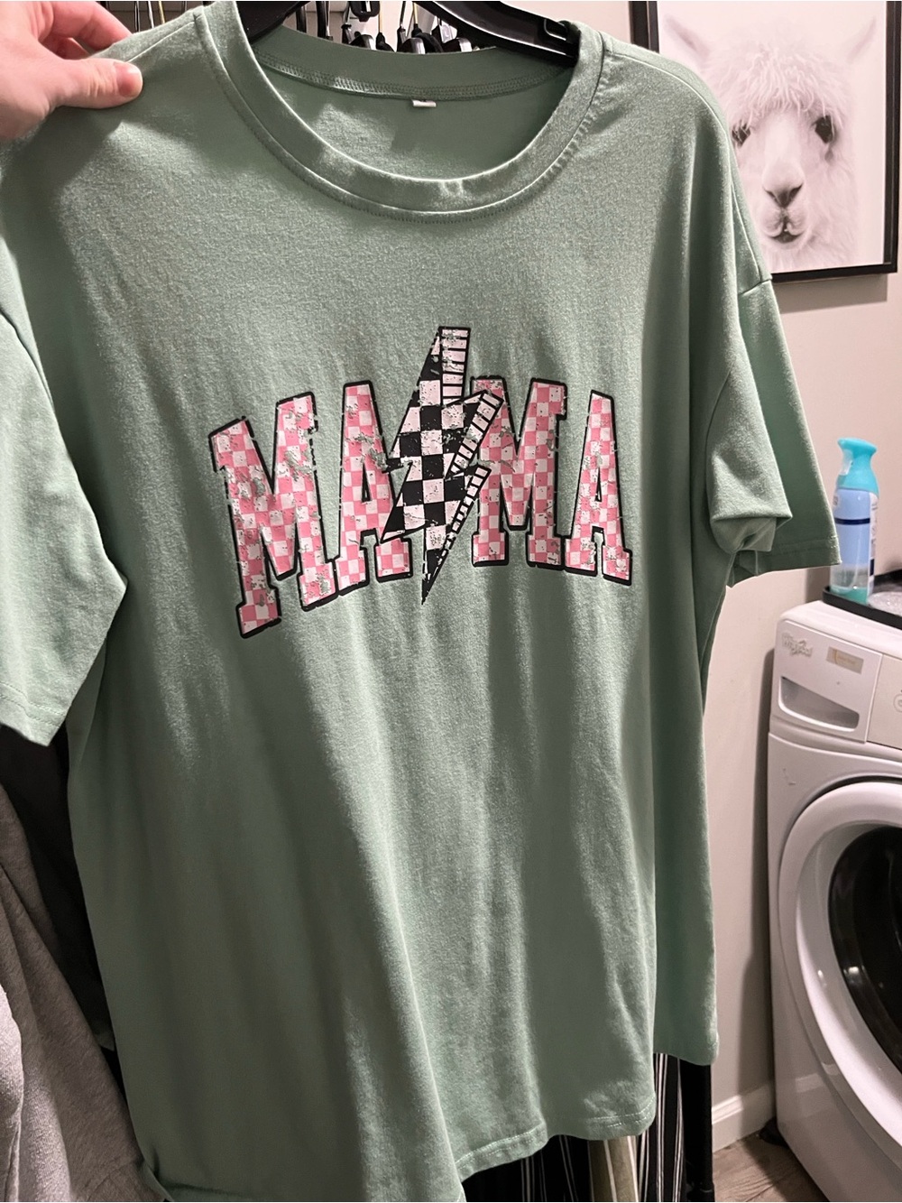 Womens Graphic Tee in Sage Green with Pink Checker Logo